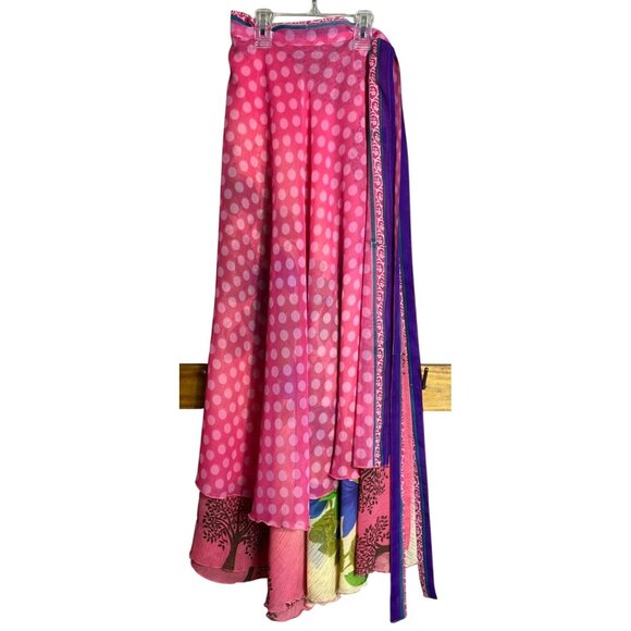 Wrap Sari Skirt Maxi Pink Reversible Chiffon Silk Blend Boho Gypsy Women 1 Sz - Picture 1 of 10